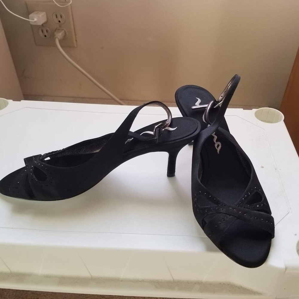 Black open healed strap high heels